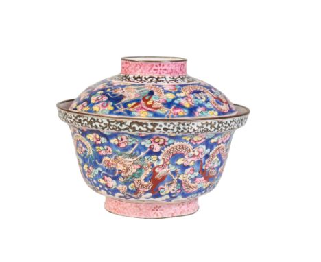 FAMILLE ROSE CANTON ENAMEL BOWL AND COVER, QING DYNASTY, 18TH CENTURY, the sides painted with dragons amongst clouds chasing 