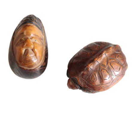 JAPANESE CARVED WOOD NETSUKE, MEIJI PERIOD, modelled as tortoise, 5cm wide; together with a JAPANESE CARVED COROKO NUT NETSUK