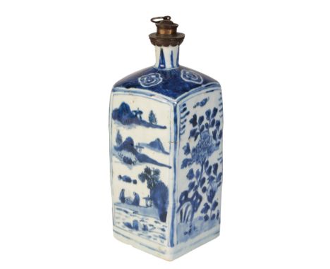 BLUE AND WHITE WINE FLASK, LATE MING, with metal mounts, the square sides painted in underglaze blue in the Chinese style, 27