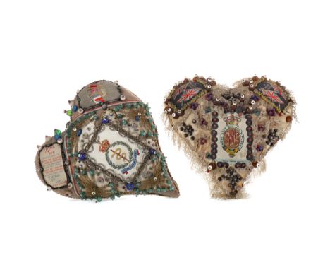TWO WWI PERIOD SWEETHEART PIN CUSHIONS, both of heart form, one for the Royal Horse Guards, the other for the Royal Army Medi
