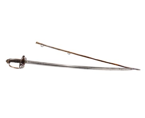 VICTORIAN ARMY OFFICERS DRESS SWORD, with curved half fullered blade above a brass cross guard pierced with Royal Cipher, knu