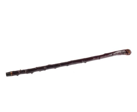 EARLY 20TH CENTURY NATURALISTICALLY FORMED BRANCH WALKING STICK, or shillelagh, with a copper tip, 90cm long