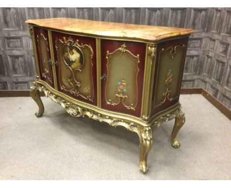 ROCOCO STYLE MARBLE TOPPED CREDENZA, the serpentine outlined orange marble top over three cupboard doors, the central with pa