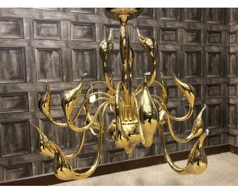 PAIR OF ITALIAN MID-CENTURY CONTEMPORARY DESIGN CHANDELIERS, in giltmetal, each with sixteen branches issuing from a central 