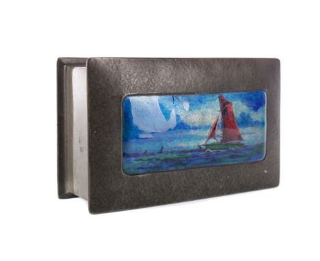 TUDRIC PEWTER TRINKET BOX, of rectangular form, the hinged lid inset with rectangular plaque depicting a sailing scene, the u