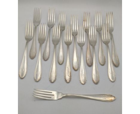 A set of 15 silver forks stamped 800 with engraved initials 'V-B' to the terminals' total weight 597.4gLocationIf there is no