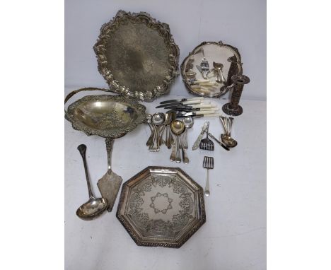 Silver plate to include two Victorian trays with engraved ornament, flatware and other itemsLocation:If there is no condition