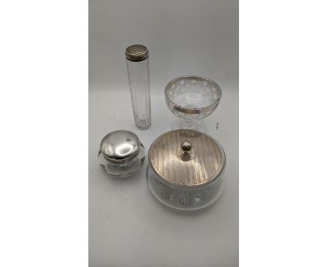 Silver and glass items to include a silver topped dressing table jar and other, together with a silver rimmed crystal cut gla
