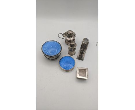 Silver to include two dressing table pots having enamel lids, a stamp box, white metal horse and carriage and a pepper and mu