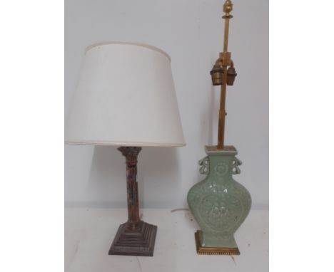 A green celadon table lamp with dual shade on a brass base together with a silver plated column lamp on stepped base with cre