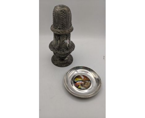 A white metal and enamel pin dish together with a silver plated sugar casterLocationIf there is no condition report shown, pl