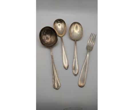 silver and white metal stamped 800 to include three serving spoons and a fork, total weight 283.8gLocation:If there is no con