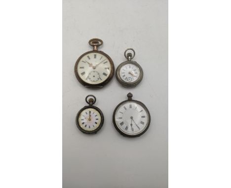An early 20th century silver open faced keyless wound pocket watch together with three fob watchesLocation:If there is no con