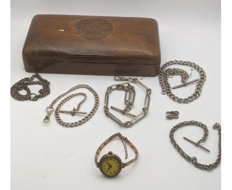 Three silver pocket watch chains to include T bars and bulldog clips along with metal chain and silver T bar 138g, together w