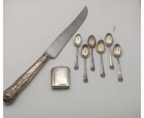 Silver to include a Vesta hallmarked Birmingham 1918, together with a set of teaspoons and a knife, total weight excluding kn
