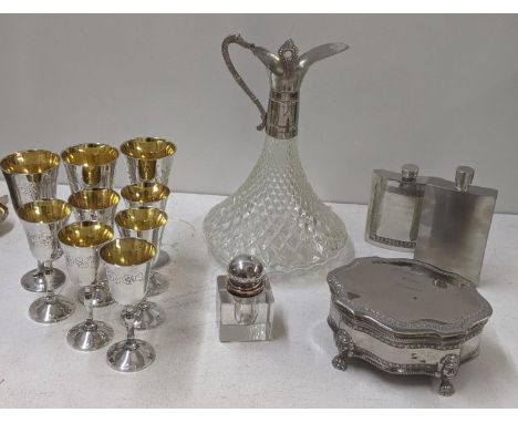 Mixed silver plated items to include a dressing table box, a crystal cut jug, goblets having gilt interior and other itemsLoc