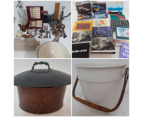 A mixed lot to include a large quantity of unused contemporary postcards, antique door knobs and light fittings, cutlery, vin