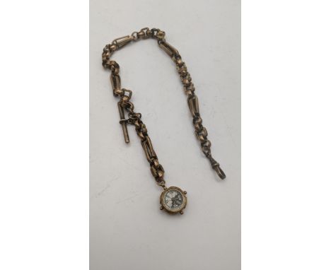 A gold plated Albert watch chain together with a 9ct gold bulldog clip and a 9ct gold Fob/compass set with blood stoneLocatio