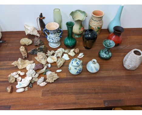 Fossils, sea-shells, glass and ceramic vases to include Poole, Delft, West German and other vases and The Jungle Book pocket 