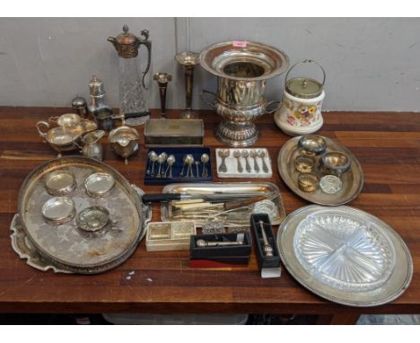 Silver plated and EPNS items to include a wine cooler, coffee spoons, claret jug, a sugar castor and othersLocation:If there 