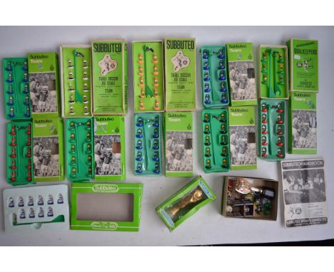 Collection of 11 boxed Subbuteo figure sets (to include 1982 England World Cup Squad, interchangeable Goalkeepers etc), a 198
