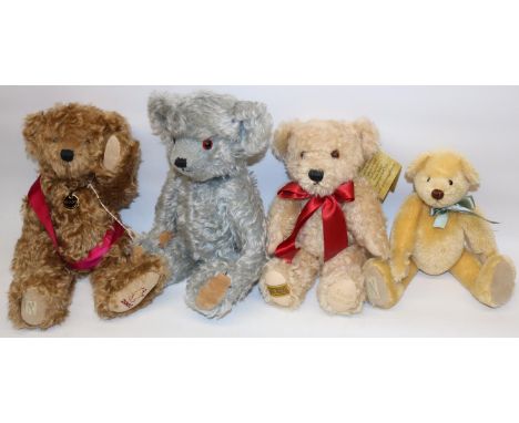 Four modern collectable teddy bears, comprising a Merrythought blonde mohair teddy bear, and three Dean's Rag Book bears incl