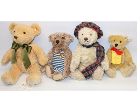 Four Steiff teddy bears: Baden Baden bear in striped bathing suit, Scottish bear, Teddy Bear Museum Stratford-upon-Avon bear,