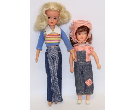Sindy; lovely lively Sindy 1976 wearing jeans and jumper, blonde hair, head stamped 033055x and a Patch doll, wearing dungare