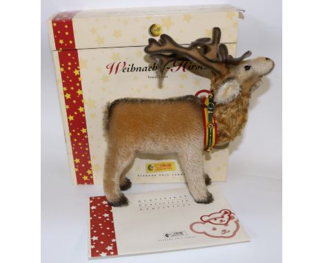 Steiff Limited Edition Christmas Stag, 765/1500 with white button in ear and collar with bells, in original box with certific