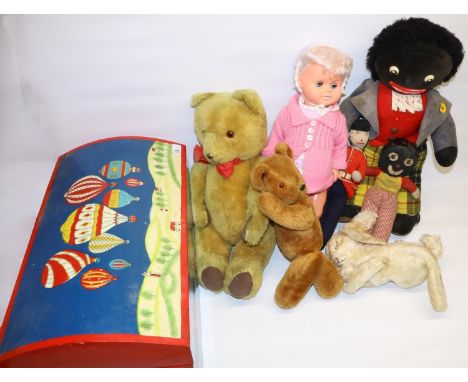 Vintage soft toys incl. a mohair rabbit with sewn eyes and a Pedigree golly; plastic doll; toy box painted with hot air ballo