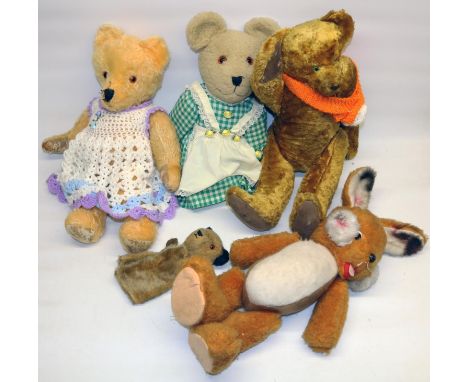 Three mid-late C20th teddy bears, Sooty hand puppet, and a soft toy rabbit c1970s (5) 