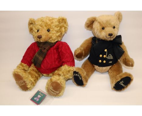 Two Harrods teddy bears: 2000 Millennium edition in navy waistcoat, and a 20th anniversary bear in scarf and red jumper 