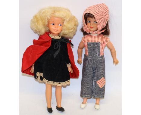 Sindy; blonde patch wearing 1966 Birthday Party, back of head stamped Made in England, and a brunette Patch wearing dungarees