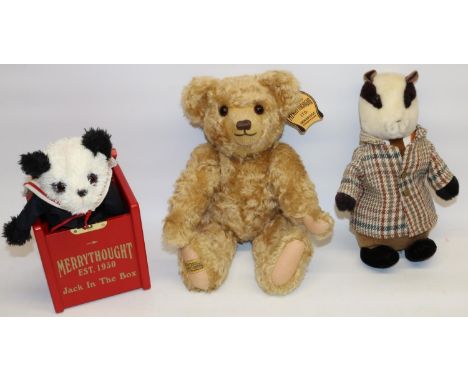 Modern Merrythought soft toys: panda jack-in-the-box; badger from Wind in the Willows; and a blonde mohair teddy bear (3) 