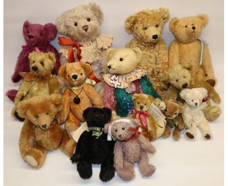 Fourteen vintage style modern collectable teddy bears, incl. a Dean's Rag Book bear, small Harrods bear, Hermann, and others,