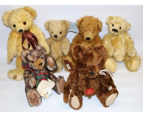 Six modern collectable vintage style teddy bears, comprising Dean's Rag Book 'Bean Bag Bear', two Hermann bears, two Merrytho