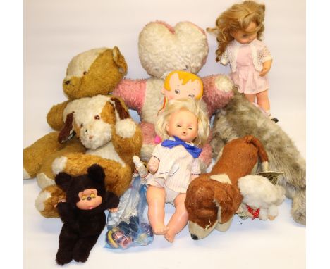 Collection of soft toys and dolls c1970s, incl. a Merrythought basset hound, Wurzel Gummidge Aunt Sally, Alresford Crafts sea