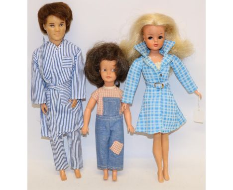 Sindy; Paul 1968 in Off to Bed outfit, head stamped Made in Hong Kong, 1960s Patch in Dungarees, head stamped Made in England
