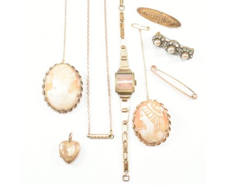 An assorted collection of antique and later rolled gold jewellery. The lot to include two carved shell cameo portrait brooche