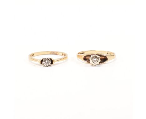 Two hallmarked 9ct yellow gold and diamond solitaire rings. The first single stone engagement style ring having a round cut i