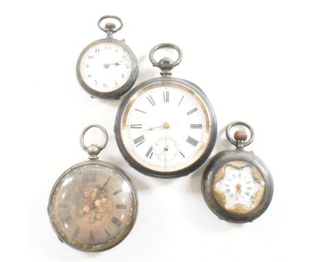 An assorted collection of antique and later silver and white metal pocket watches. The lot to include a white dial, Roman num