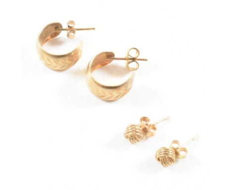 A pair of vintage 9ct yellow gold earrings with a pair of yellow metal studs. The first pair of earrings being demi hoops wit
