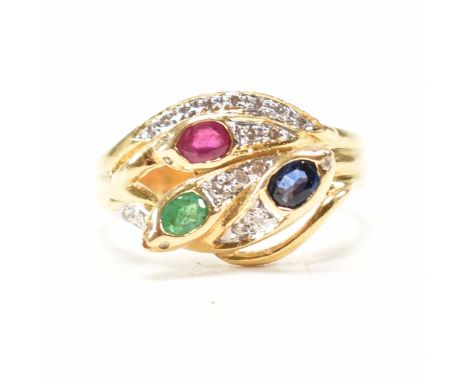 A vintage 18ct yellow gold, diamond, ruby, sapphire and emerald snake ring. The triplet snake ring comprised of three snakes 