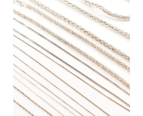 An assorted collection of 925 silver chain necklaces. The lot to include herringbone links, fox tail, box chains, snake chain