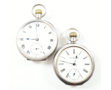 Two antique silver pocket watches. The Nidor pocket watch having a circular white dial with black Roman numeral indices, subs