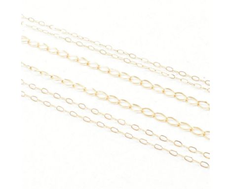 Three 9ct yellow gold necklace chains. Two being fine cable link chains and the other a fine curb link chain all united by sp