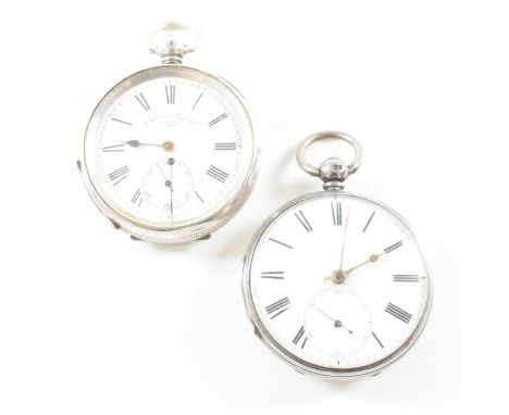 Two antique silver cased pocket watches. The first J. G. Graves Sheffield Swiss made pocket watch having a circular white dia