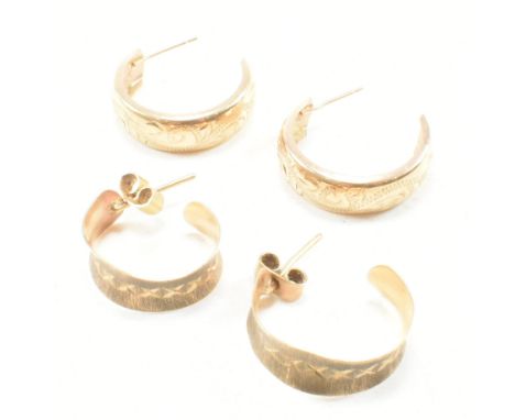 A vintage pair of hallmarked 9ct yellow gold and yellow metal demi hoop earrings. The first pair of demi hoops having etched 