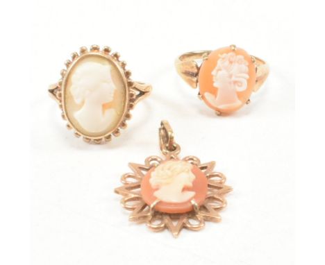 A collection of vintage 9ct gold and cameo jewellery. The jewellery to include a hallmarked 9ct gold ring, a hallmarked 9ct g