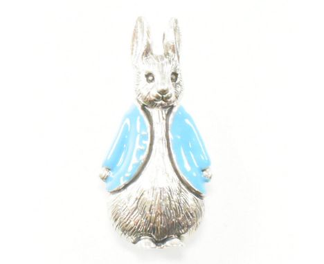 A sterling silver and enamel novelty brooch pin in the form of Peter Rabbit (AF). Weight 5.7g. Measures approx 3.5cm.&nbsp;Al